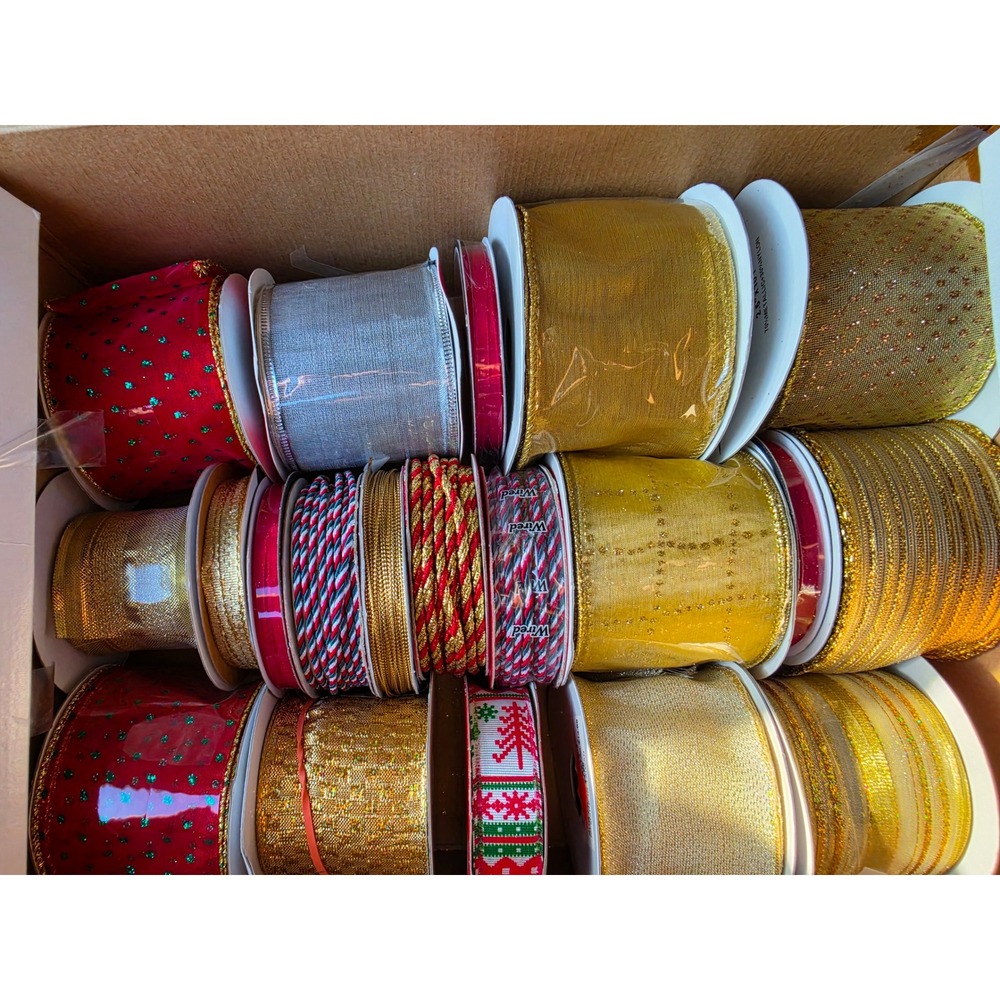 Holiday Ribbon Lot Christmas Gold Silver Red Wired Edge Metallic Craft Cords